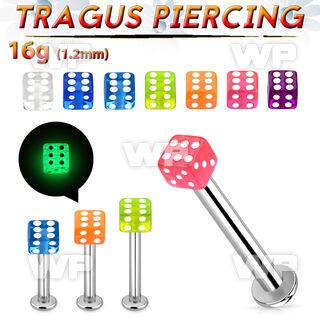 tlbgld3 316l steel tragus labret 16g 3mm glow in the dark dice 