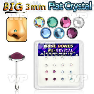 u4d4eyj box w silver 925 nose bone round extra flat 3mm crystal nose piercing