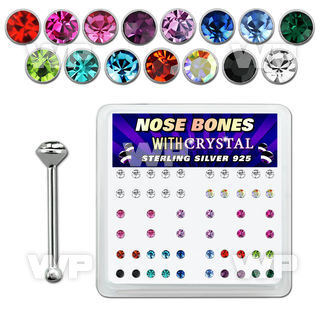 u4e0jf box w silver 925 nose bone 2mm round crystal tops in mix nose piercing