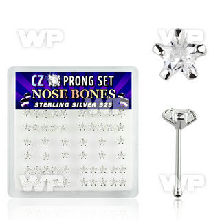 u4g36 box w silver 925 nose bone 3mm star shaped clear prong nose piercing