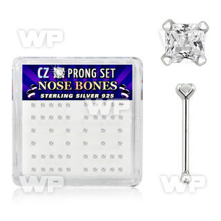 u4gv6 box w silver 925 nose bone 2mm square shaped clear prong nose piercing