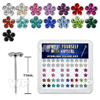 undb4f3 box w silver 925 un bent nose stud 1mm crystal flower des nose piercing