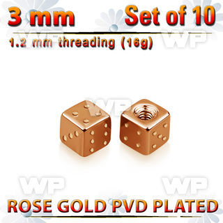 xsditt3 set of 3mm rose gold plated steel dices thread 1.2mm