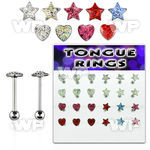 1764zy display w surgical steel tongue bars 1 6mm heart star tongue piercing