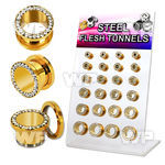 17misy6 display w gold ion plated surgical steel flesh tunnel cle ear lobe piercing