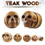 32rw teak wood double flare saddle plugh carved skull ear lobe piercing