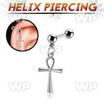 44waty steel helix barbell 16g w dangling ankh cross