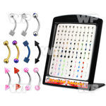 4aj4uw display w assorted micro bananas 1 2mm 3mm balls cones eyebrow piercing