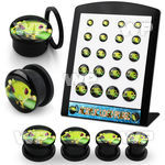 4amiey9 display w black acrylic screw fit logo plugs green tree ear lobe piercing