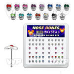 4f32j box of silver nose bone skull shaed top mixed color crys nose piercing