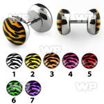 8bm7 steel fake plug epoxy covered tiger fur logo out silicon belly piercing