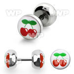 8bmd steel fake plug epoxy covered red cherry on white backgro belly piercing
