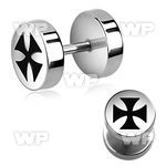 8m9 steel fake plug laser edged cross logo on one of the side belly piercing