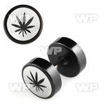 8mb3e black steel fake plug laser edged marijuana logo on one ear lobe piercing