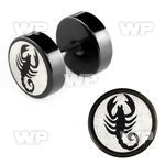 8mb3ek black steel fake plug laser edged scorpion logo on one ear lobe piercing