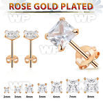 amvg one pair rose gold finish silver ear studs square cz