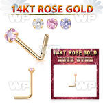 au36gjes 14kt rose gold l shaped nose pin 22g color cz