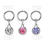bcrgz417 steel ball closure ring w dangling w cz stone in middle 