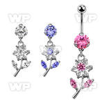 bnrz178 casted steel cz belly banana w cz studded flower design