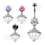 bnrz575 casted steel cz belly banana w dangling diamond shaped
