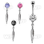 bnrz583 casted steel cz belly banana w dangling small feather