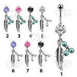 bnrz601 casted steel cz belly banana w feather w 3 faux pearls