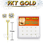 box  9kt gold bend it nose stud w 1.5 & 2mm prong set czs