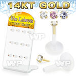 dgbizm2 bioflex labrets 14k gold push pin tops cz prong set