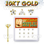 dginb20 box w 10kt gold nose bones w 3mm cz in mixed shapes