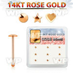 drnb10 box w 14kt rose gold nose bones w star, heart ,disc top