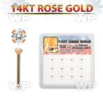 drnb26 box w 14kt rose gold nose bones w 1.25mm clear round cz 