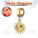 ehg726 gold steel helix huggie w dangling gold colored sun