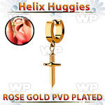 ehr768 rose gold steel helix huggie earring w a dangling dagger