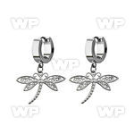 erh566 steel huggies earrings w dangling dragonfly