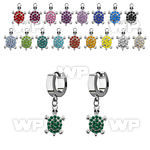 erh574 steel huggies earrings w dangling crystal turtle