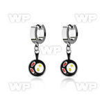 erh646 steel huggies earrings w dangling bacon eggs