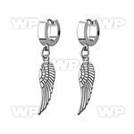 erh653 steel huggies earrings w a dangling plain bird wing 