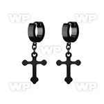 erkcro black steel huggies earrings w dangling cross