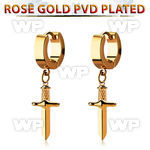 err768 rose gold  steel huggie earring with a dangling dagger