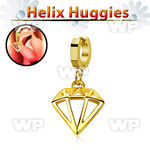 gold stainless steel huggies w a diamond shaped dangling