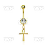 gold steel belly banana 14g w a dangling ankh cross 