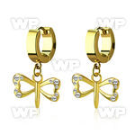 gold steel earrings w small dangling crystal dragonfly