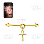 gold steel industrial loop barbell w cone & ankh cross