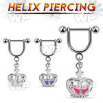 heuz12 316l steel helix stirrup w dangling crown w cz inside