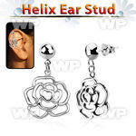 hexvd10 925 silver helix ear stud w dangling 925 silver rose