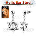 hexvd7 silver helix ear stud w dangling david star with cross
