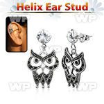 hexzd21 925 silver helix earstud w cz a owl dangling