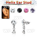 hexzd40 silver helix ear stud w dangling 3mm heart prongset cz 