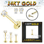 ib4gf 14kt gold labret round clear cz push pin prong