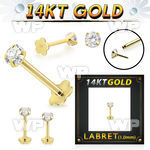 ibdgf 14kt gold labret round clear cz push pin prong flower